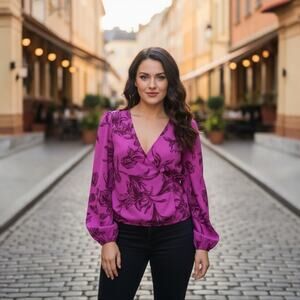 A New Day Purple Floral Lightweight V-Neck Long Sleeve Wrap Blouse Size M